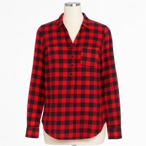 J Crew S Red Navy Buffalo Plaid Popover‎ Shirt Long Sleeve Perfect Fit Casual